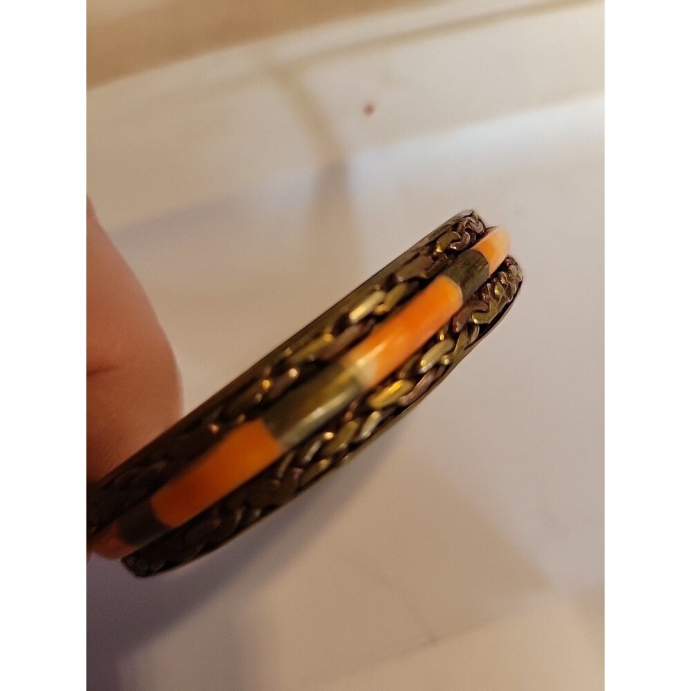 Vintage Brass Bangle Bracelet Coral Stone Boho Tribal Estate Antiqued Goldtone